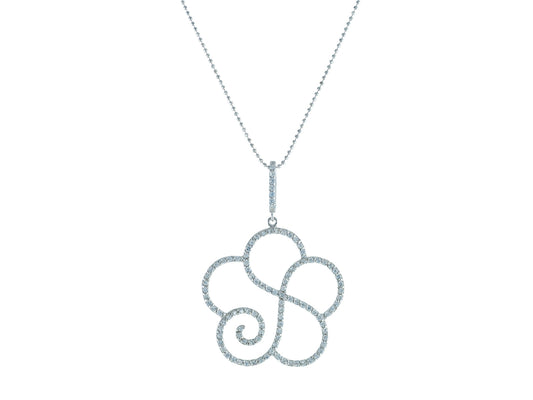 Platinum Plated Sterling Silver Twisted Cubic Zirconia CZ Flower Pendant Necklace, 16" Necklaces