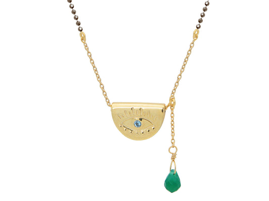 Watchful Evil Eye Pendant Necklace: Sterling SIlver Gold Plated Pendant , Black Rhodium Beads Chain , 16" Length Necklaces