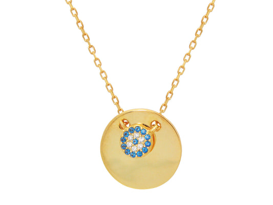 Mini Glimmering Evil Eye Disc Pendant Necklace in Gold Plated Sterling Silver: Length 16" + 2" Necklaces