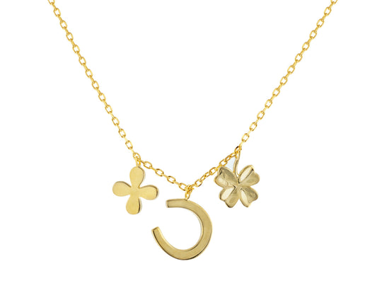 14k Gold Plated Sterling Silver Four Leaf Clover & Horseshoe Multi-Charm Pendant Necklace, 17" Long Necklaces