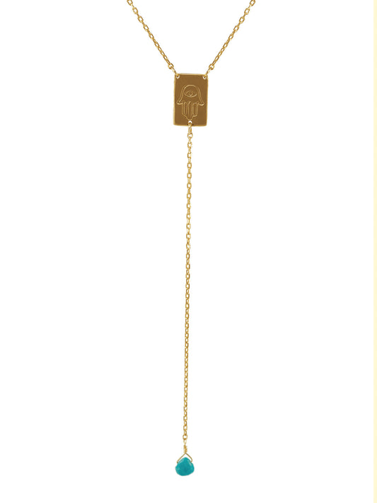 Golden Hamsa Rosary Turquoise Stone Necklace: Length 16"+2" Necklaces