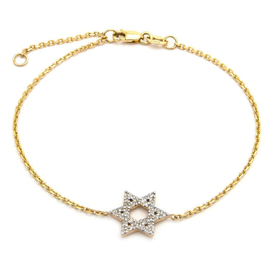 14K Yellow Gold Jewish Star Single Prong Diamond Bracelet, 6" + 1" Ext Bracelets