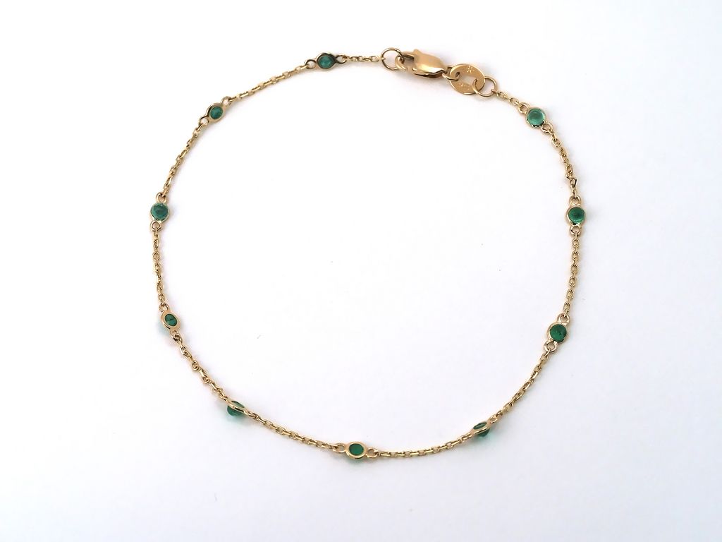 14K Yellow Gold Diamond By The Yard Round Bezel Emerald Bracelet, 6" + 1" Ext Bracelets