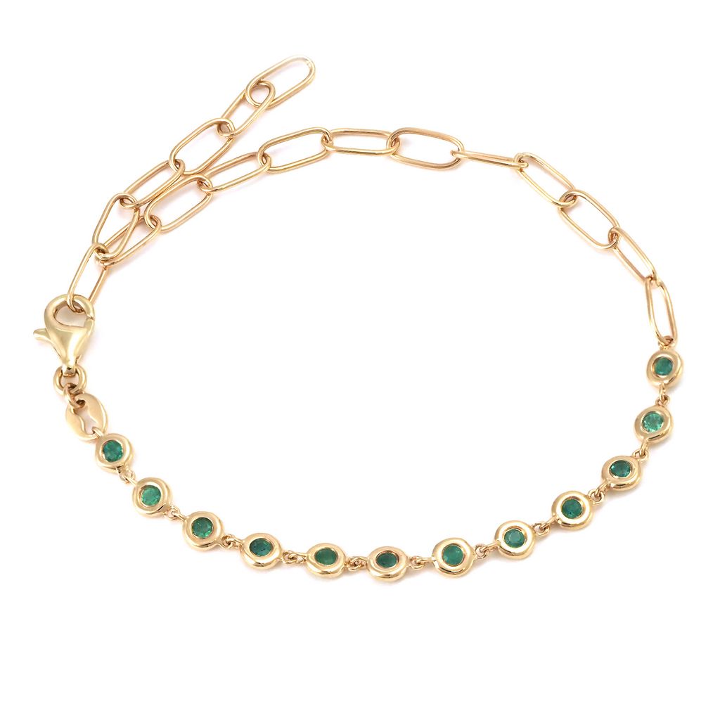 14K Yellow Gold Fashion Round Bezel Emerald Paper Clip Bracelet, 6 + 1" Bracelets