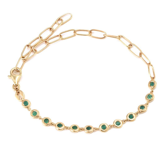 14K Yellow Gold Fashion Round Bezel Emerald Paper Clip Bracelet, 6 + 1" Bracelets