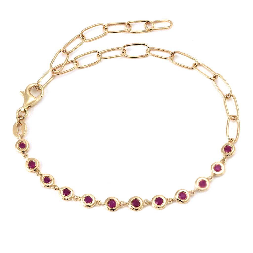 14K Yellow Gold Fashion Round Bezel Ruby Paper Clip Bracelet, 6 + 1" Bracelets