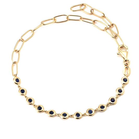 14K Yellow Gold Fashion Round Bezel Sapphire Paper Clip Bracelet, 6 + 1" Bracelets