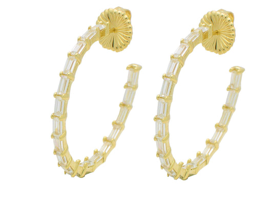 Fronay Co .925 Sterling Silver Baguette Cz Hoop Earrings plated in Gold (35mm) Earrings