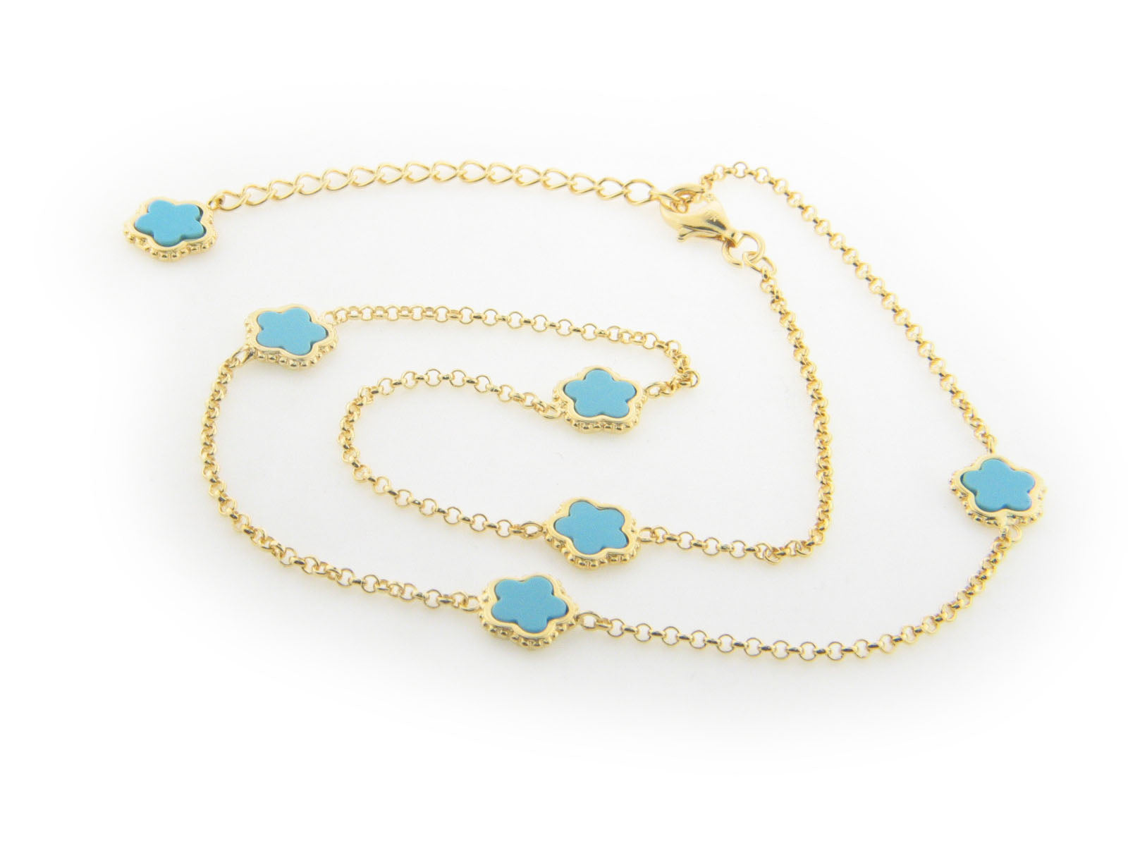 Turquoise Flowers Necklace in Gold Plated , 16" + Extender Necklaces