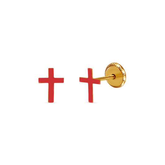 18k Gold Red Cross Screwback Earrings Earrings