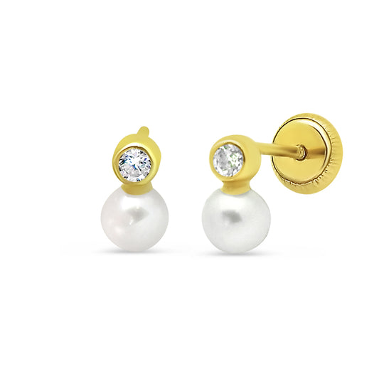 18K Gold 4mm Gala Pearl & Bezel CZ/Children's Earrings (4m) - Screw Back Earrings