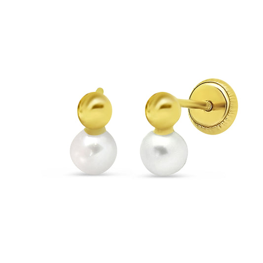 18K Gold 4mm Gala Pearl & Ball CZ/Children's Earrings - Screw Back Earrings