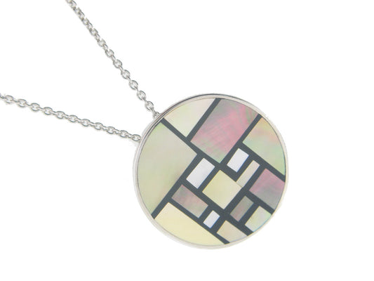Vintage Button Mother of Pearl Pendant Necklace in 925 Sterling Silver by , 16" Necklaces