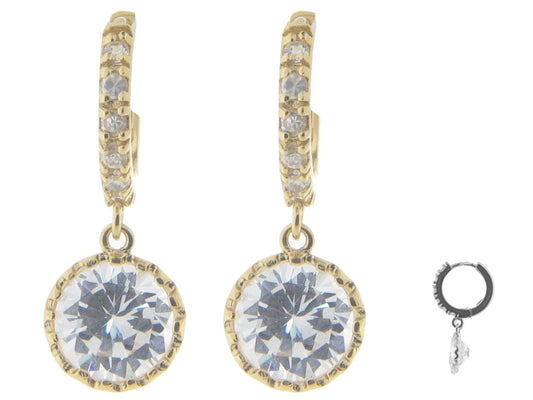 Silver Gold Plated Cz Huggies with Big Cz 10 mm Hanging Earrings