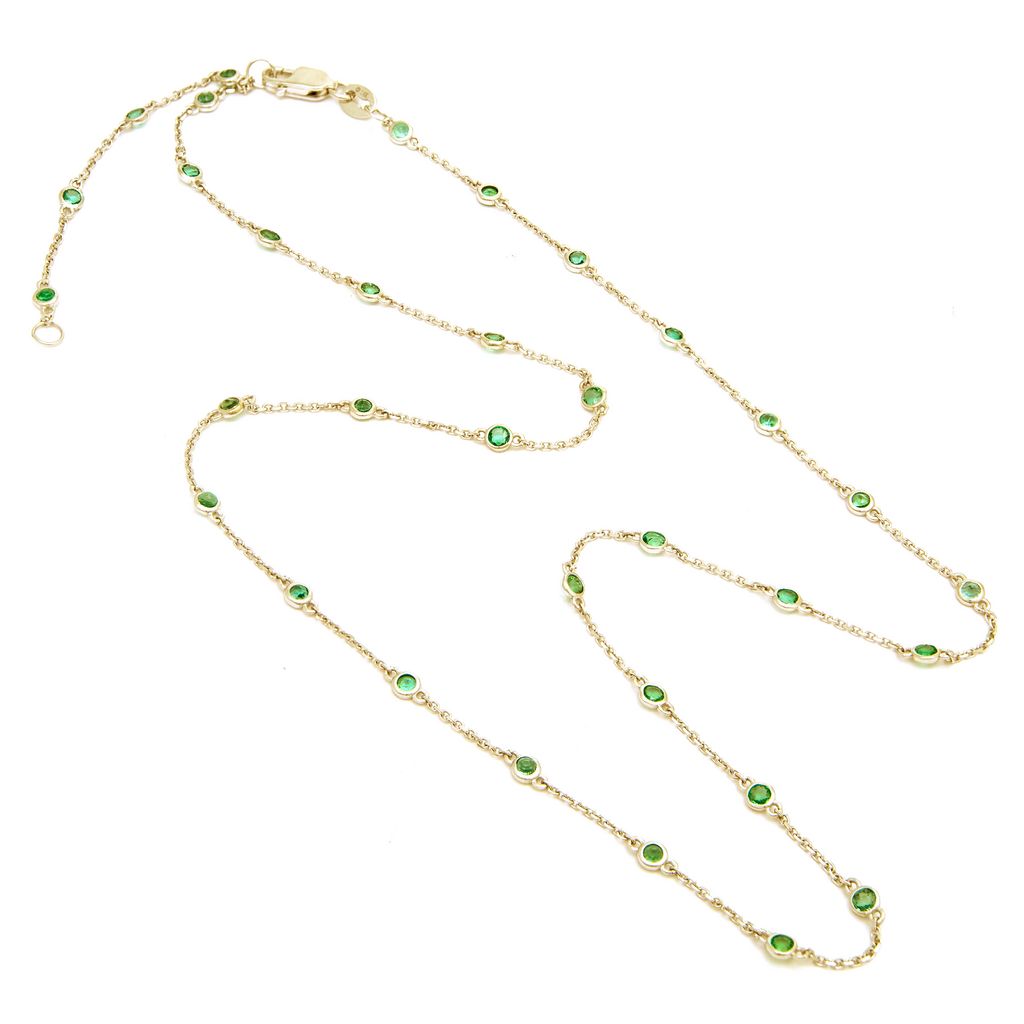 14K Yellow Gold Diamond By The Yard Round Bezel Emeralds Necklace, 16" + 2" Ext Necklaces