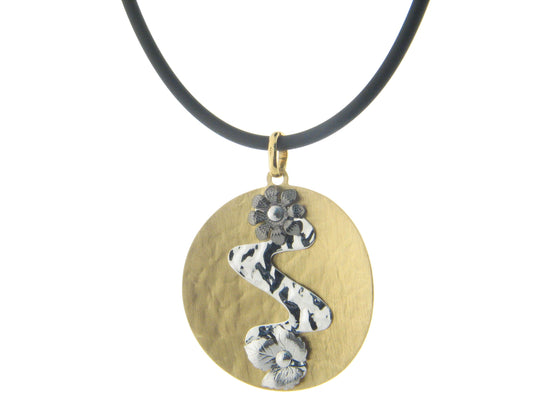 Hammered Layered Flowers Round Pendant in Sterling Silver Necklaces