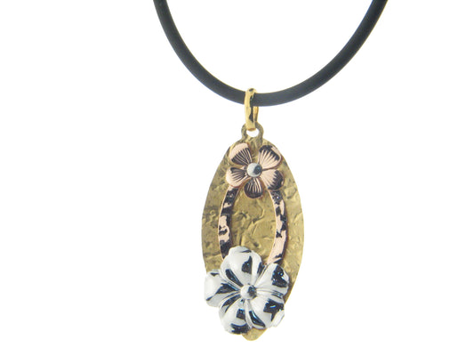 Hammered Layered Flowers Oval Pendant in Sterling Silver Necklaces