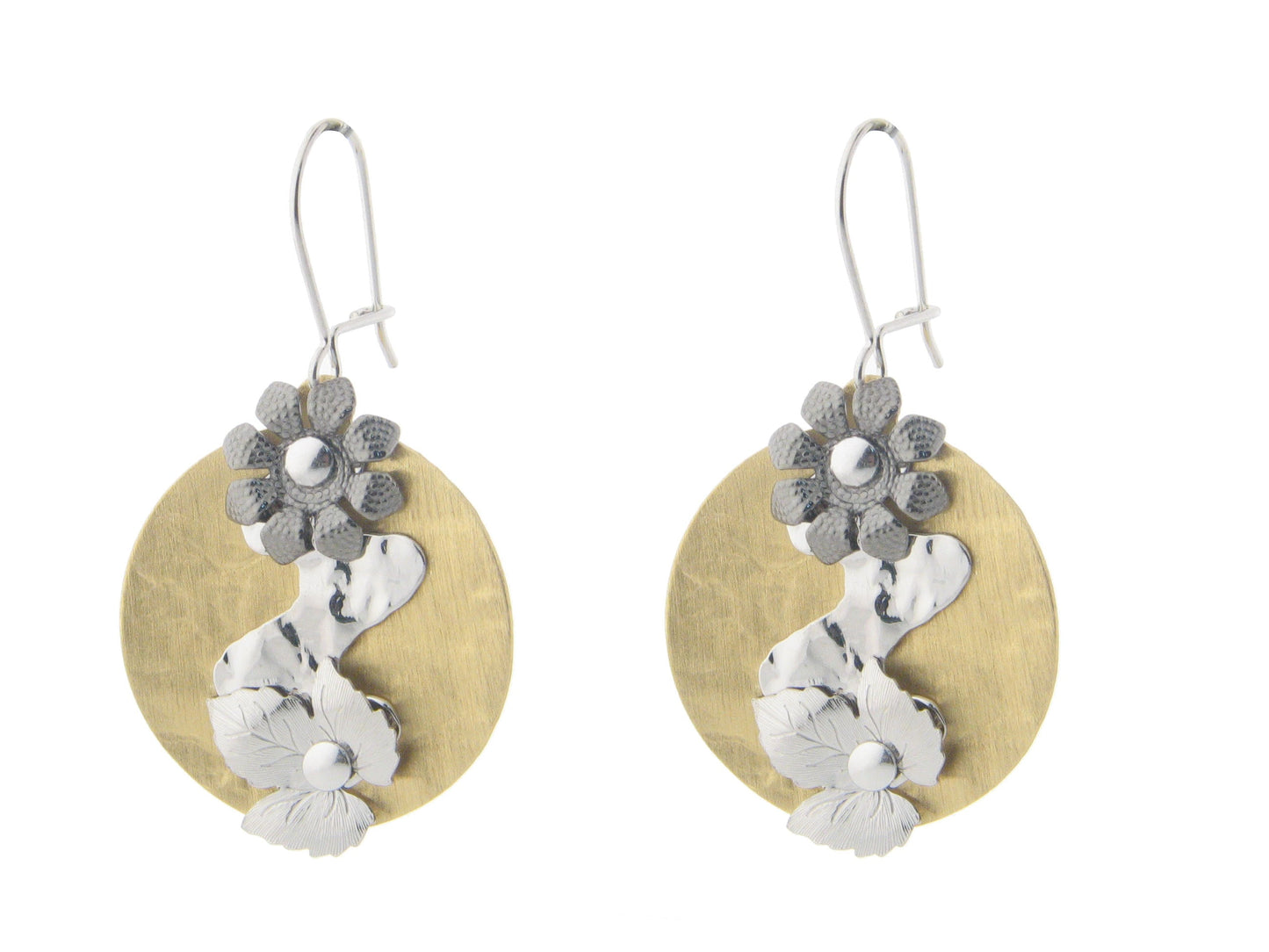 Hammered Flower Disc Hook Earrings in Sterling Silver Earrings