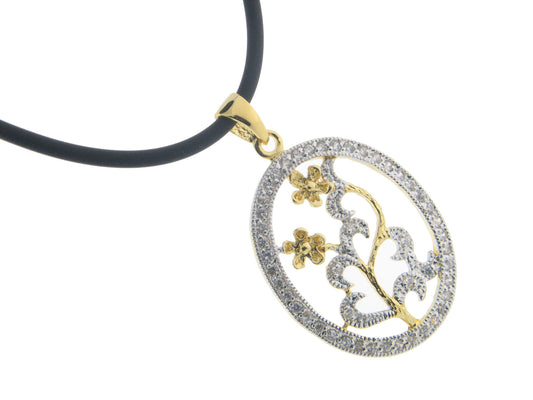 Sterling Silver Gold Plated Cubic Zirconia Encrusted Oval Flower Designer Pendant, 15" rubber chain Necklaces
