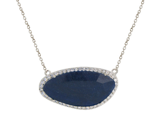 Platinum Plated Sterling Silver Natural Blue Corundum Stone Slice Necklace Necklaces
