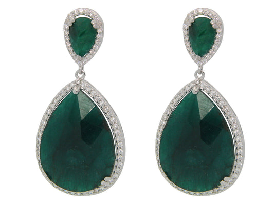 Platinum Plated Sterling Silver Almond Drop Emerald Corundum Drop Earrings Earrings