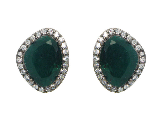 Sterling Silver Black Rhodium Plated Green Corundum & Cubic Zirconia Oval Stud Earrings Earrings