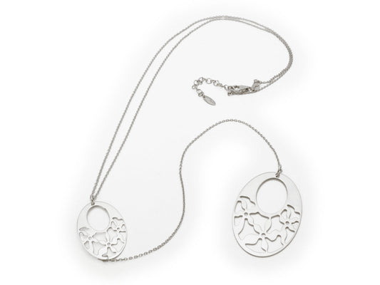 Laser Cut Oval Engravings Lariat Necklace in Rhodium Plated Silver, 22" + 6" Necklaces