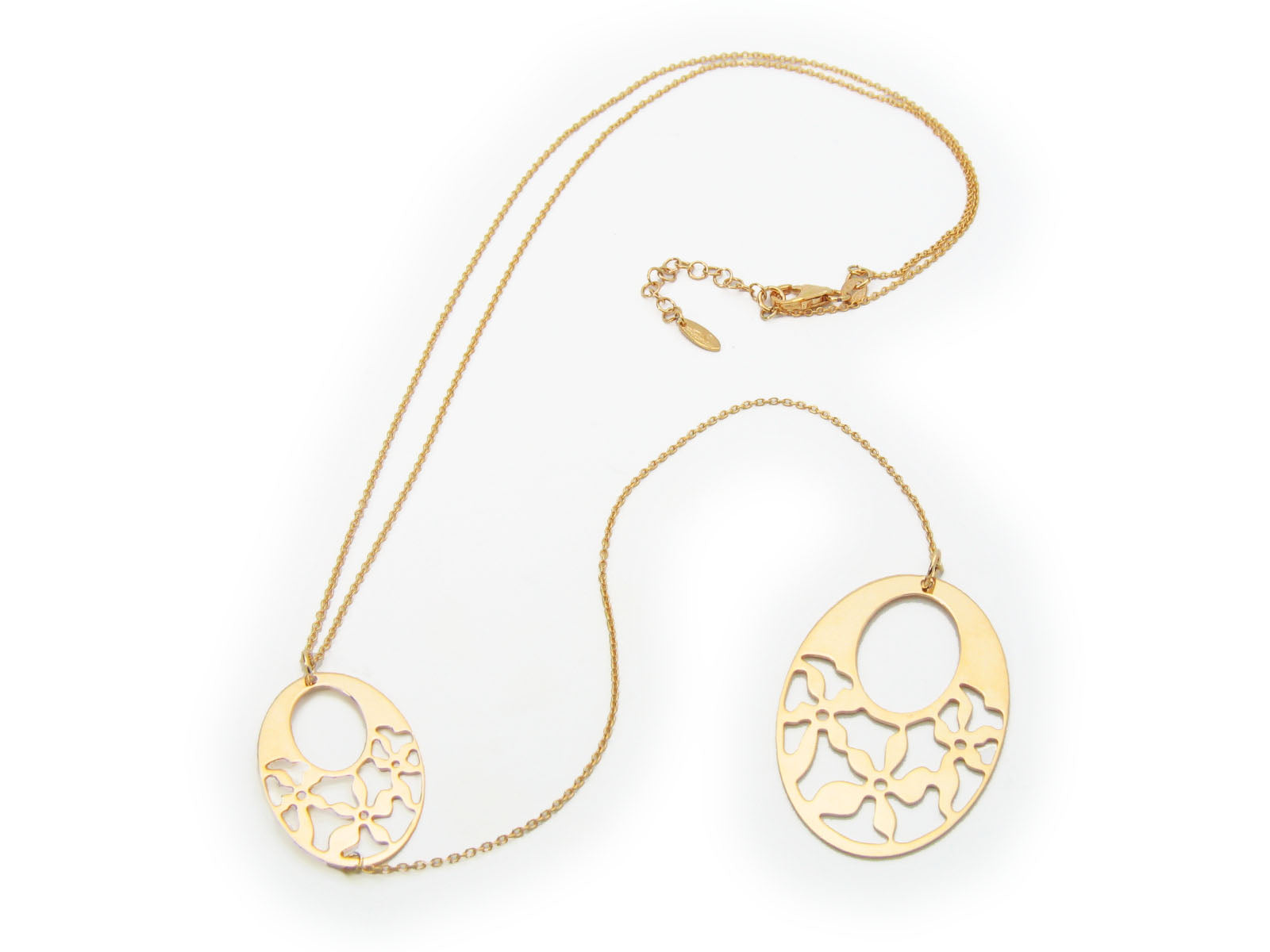 Laser Cut Oval Engravings Lariat Necklace in 18k Gold Plated Silver, 22" + 6" Necklaces