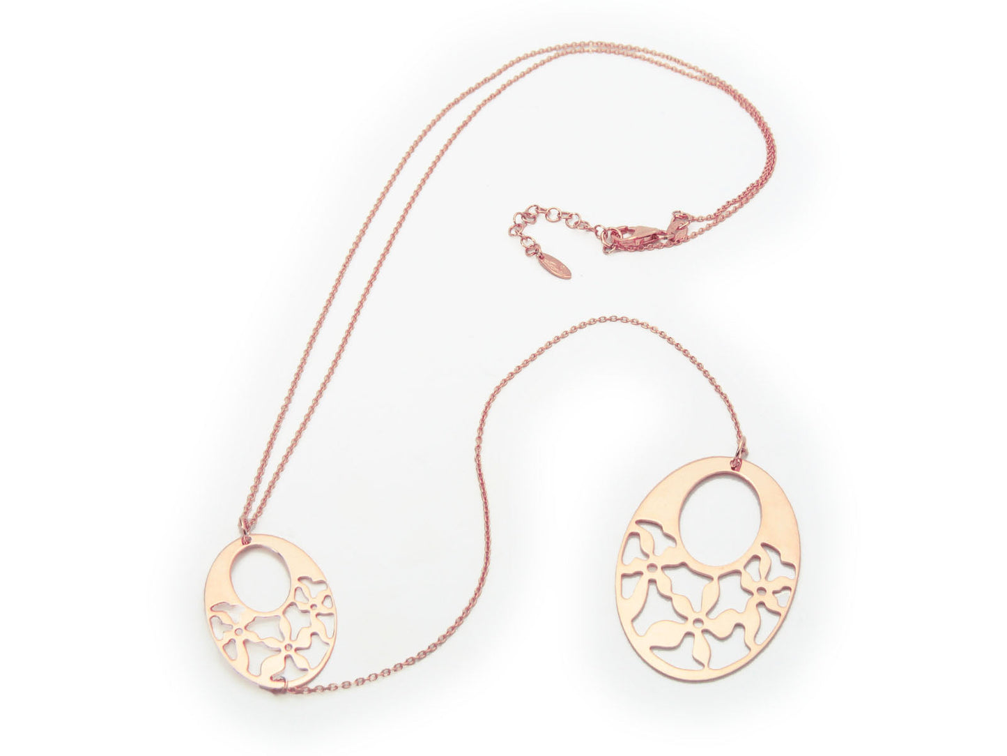 Laser Cut Flower Engravings Lariat Necklace in Rose Gold Plated Silver, 22" + 6" Necklaces