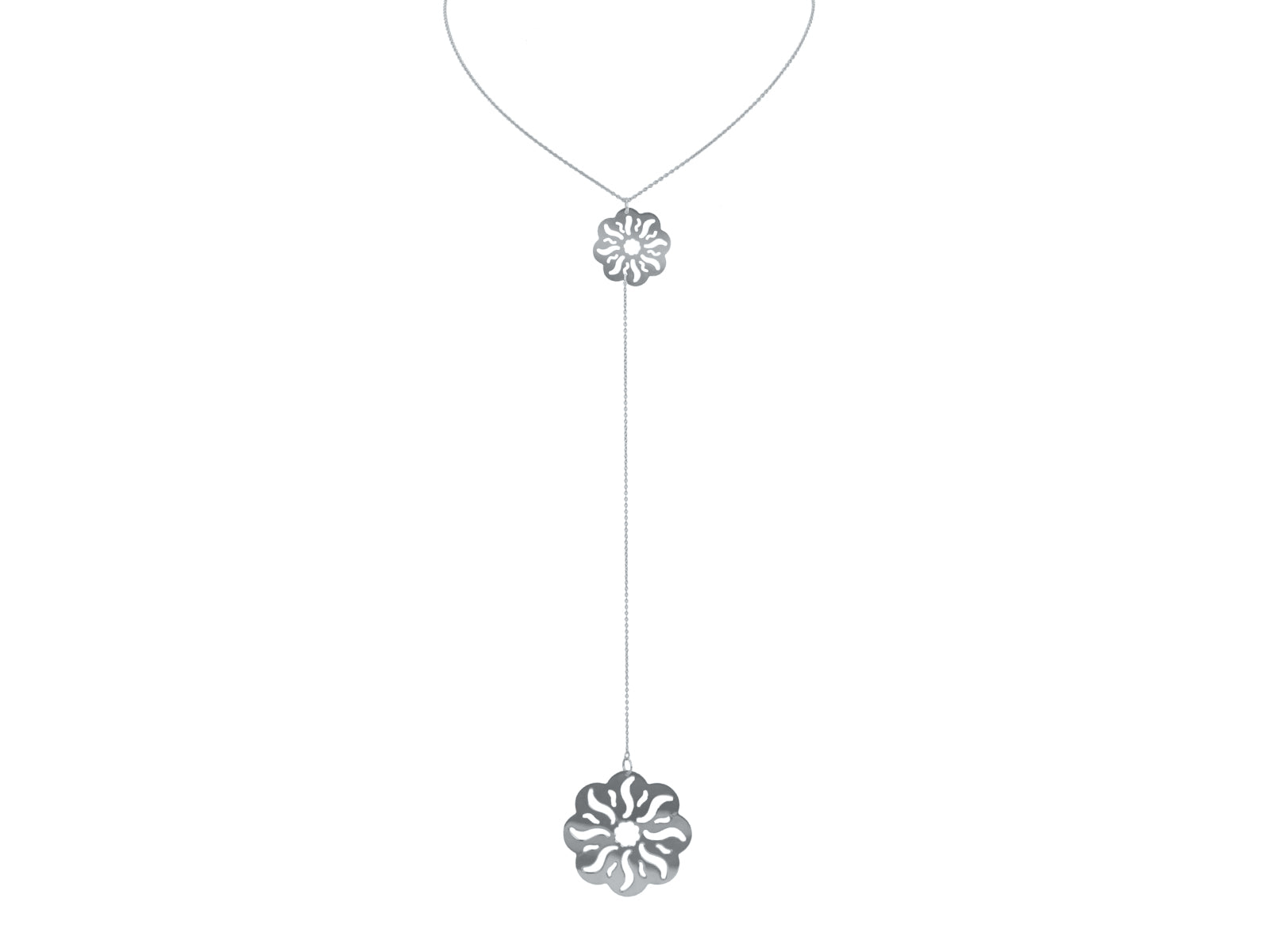 Laser Cut Flower Engravings Lariat Necklace in Sterling Silver, 22" + 6" Necklaces