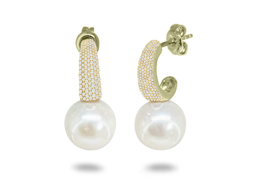 Vermeil Brilliant CZ Half Huggie Pearl Earrings, 11mm Earrings