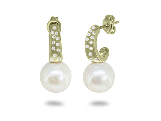 Vermeil Staggered CZ Half Huggie Pearl Earrings, 11mm Earrings