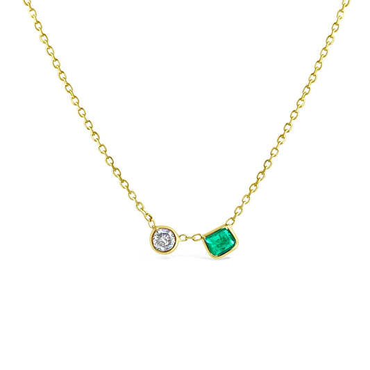 14k Gold Bezel Diamond and Emerald Necklace, 15" +1" NECKLACES