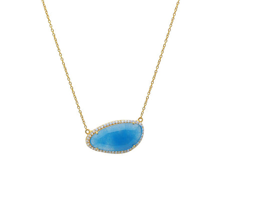Blue Jade Stone Slice Golden Necklace in Sterling Silver, 16" Inches Necklaces