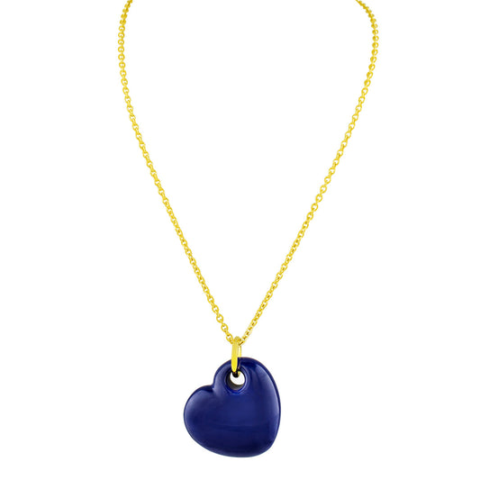 18k Gold Plated Blue Enamel Puffy Heart Necklace, 15 Inches Necklaces