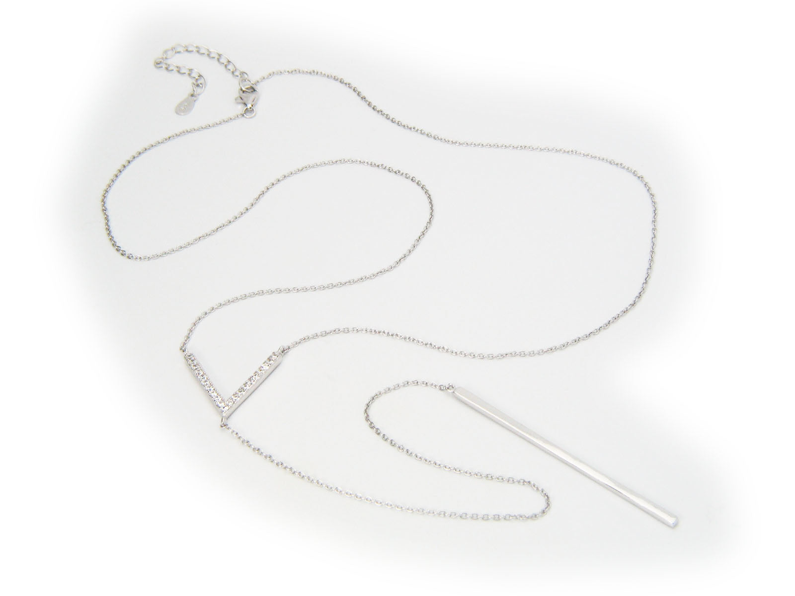 Sparkling V and Solid Bar Lariet Necklace in Rhodium Plated Silver, 25" Necklaces