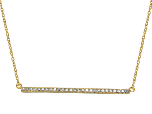 Sideways Gold Bar Pendant Cubic Zirconia Stone Necklace, 16" + 1" Necklaces