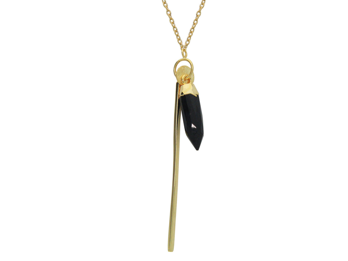 Black Stone Bullet & Golden Bar Necklace in Gold Plated Sterling Silver, 30" Necklaces