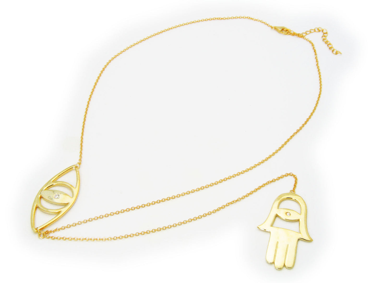 Evil Eye and Hamsa Charm lariat Necklace in 18k Gold Plated Sterling, 18"+ 7" Extender Necklaces