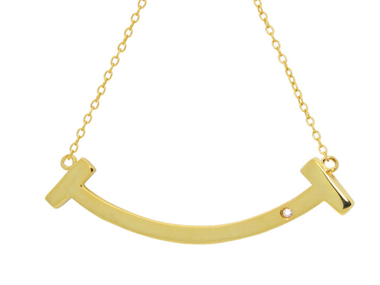 Fine Sterling Silver Engraveable Curved Smile Necklace in 18k Gold Plating, 16" + 2" Necklaces