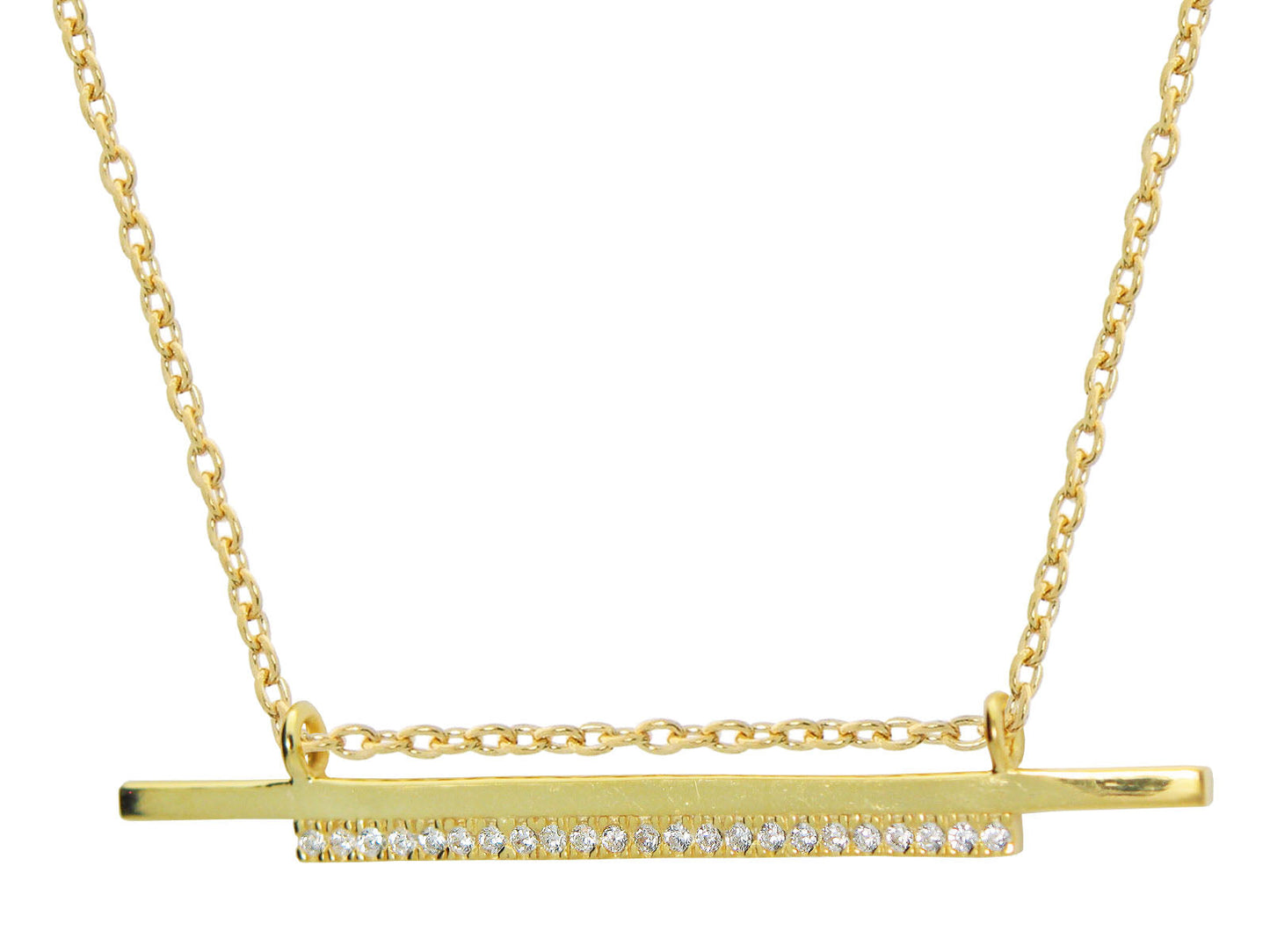 Double Sideways Cz Flashbar Necklace in Gold Plated Sterling Silver, 15.5" + 2" Extender Necklaces