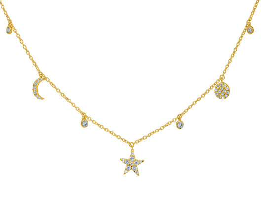 Sparkling Golden CZ Stars & Moons Charms Necklace Necklaces
