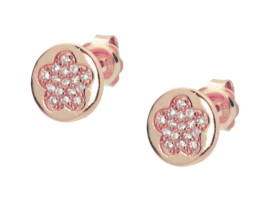 Silver Pink Plated Cz Pave Flower 8mm Circle Stud Earrings Earrings