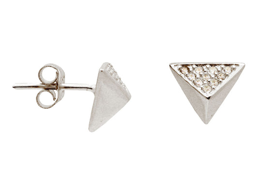 Silver Rhodium Plated Triangle Pyramid Stud Earings Cz Side .9mm Earrings