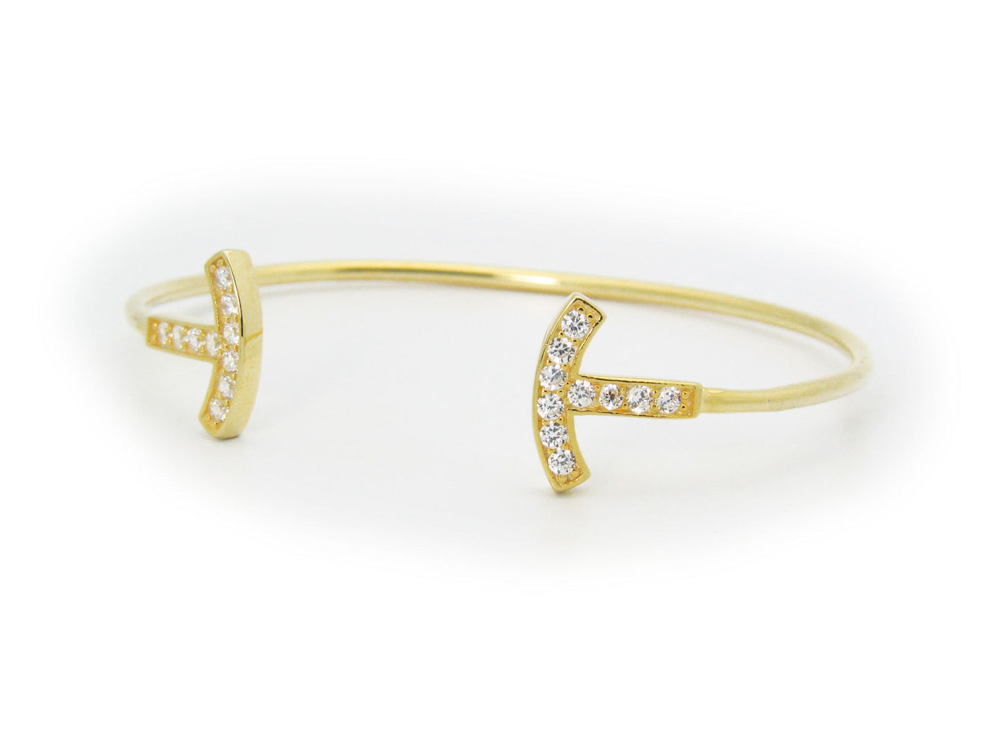 Open Wire Sparkling T Ends Bangle Bracelet in Gold Plated Sterling Silver Bracelets