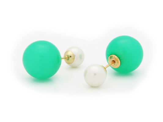 Double Sided Tribal Earrings | 925 Sterling Silver Faux Green & White Pearls Earrings