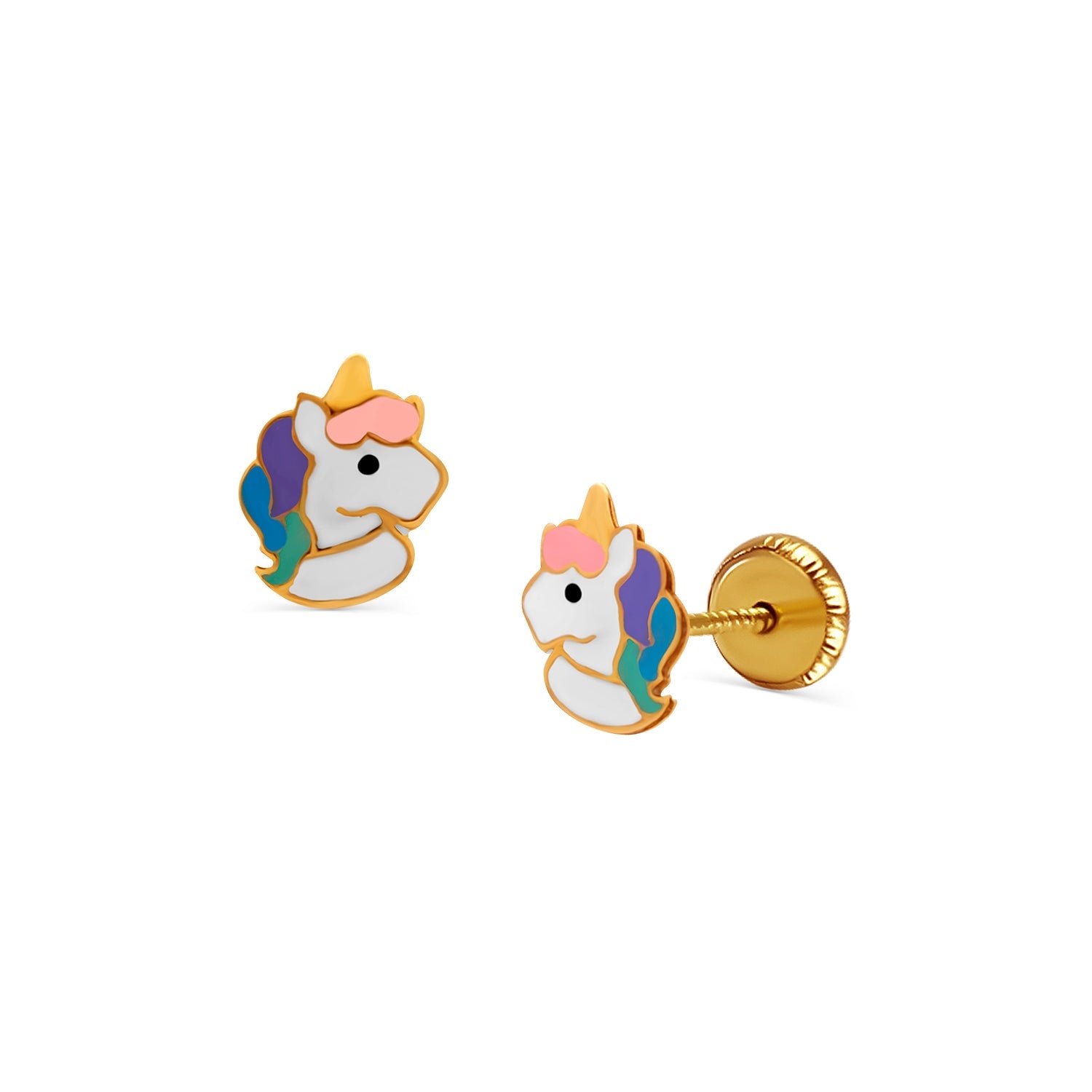 Colorful Unicorn Stud Earrings/Childrens Earrings, Screw Back - 14k Yellow Gold Earrings