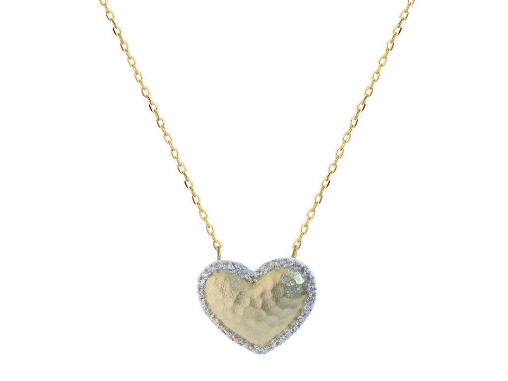 Sparkling CZ Hammered Golden Heart Necklace in Sterling Silver, 16" + 2" Extender Necklaces
