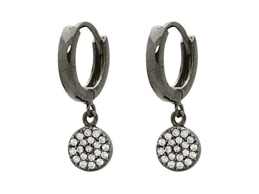 Gunmetal Black Cubic Zirconia Disc Dangling Huggie Earrings in Sterling Silver Earrings