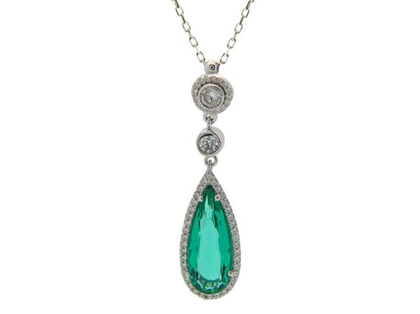 925 Sterling Silver Synthetic Emerald Pendant & White CZ Charm Necklace 16" Necklaces